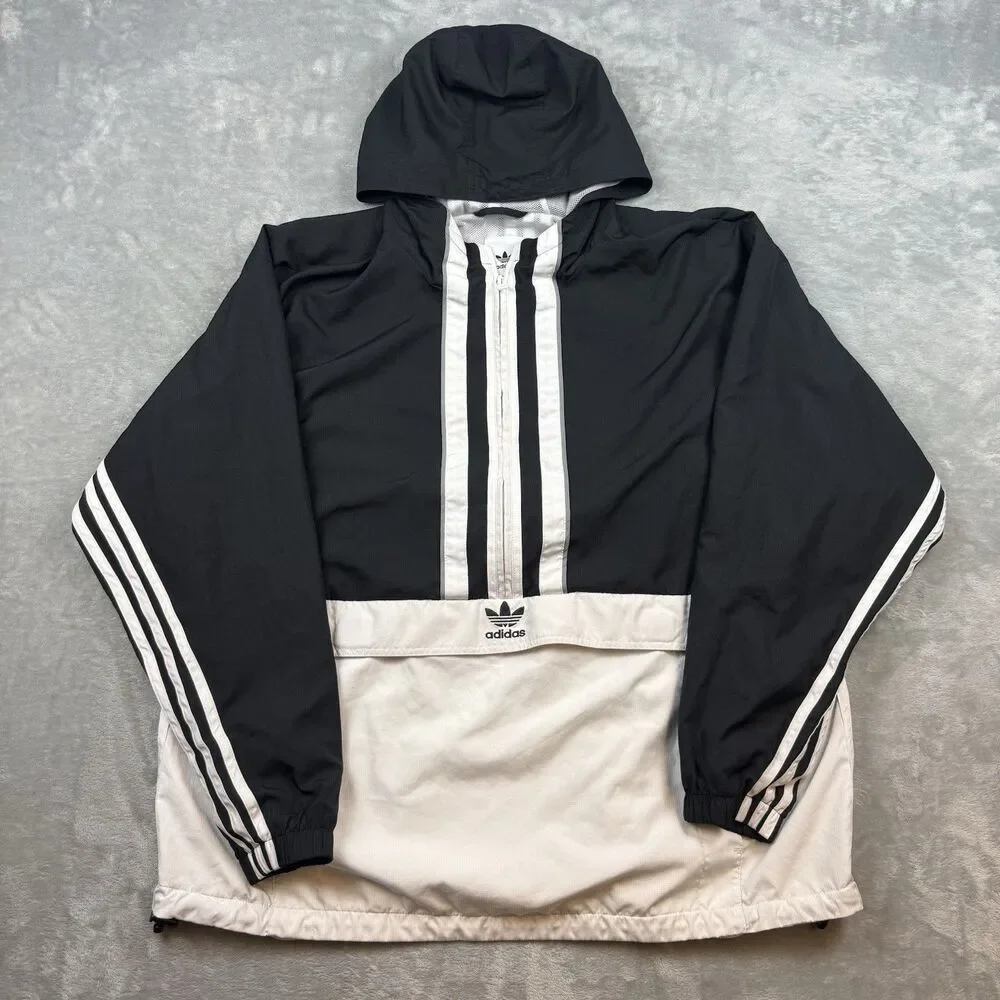 Adidas Originals Trefoil 3 Stripe Anorak Windbreaker Jacket Black White XL